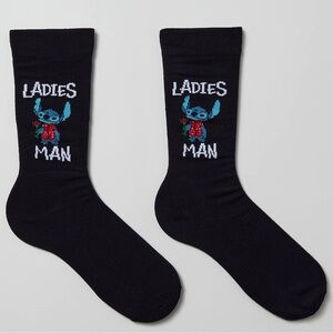 Disney "LADIES MAN", Lilo & Stitch Valentines Black Crew Socks NWT Size 6.5-12